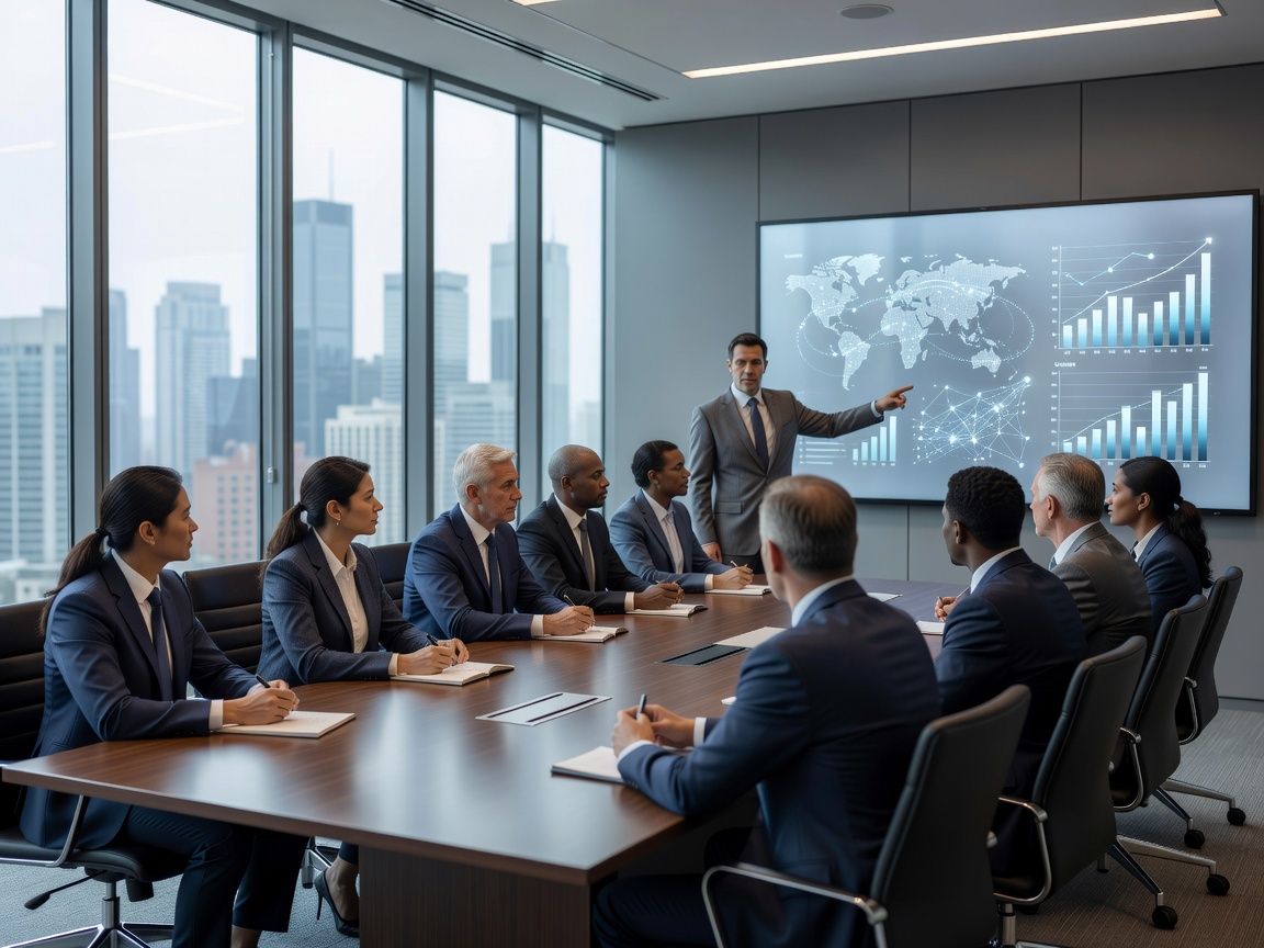Corporate global mobility briefing in modern boardroom