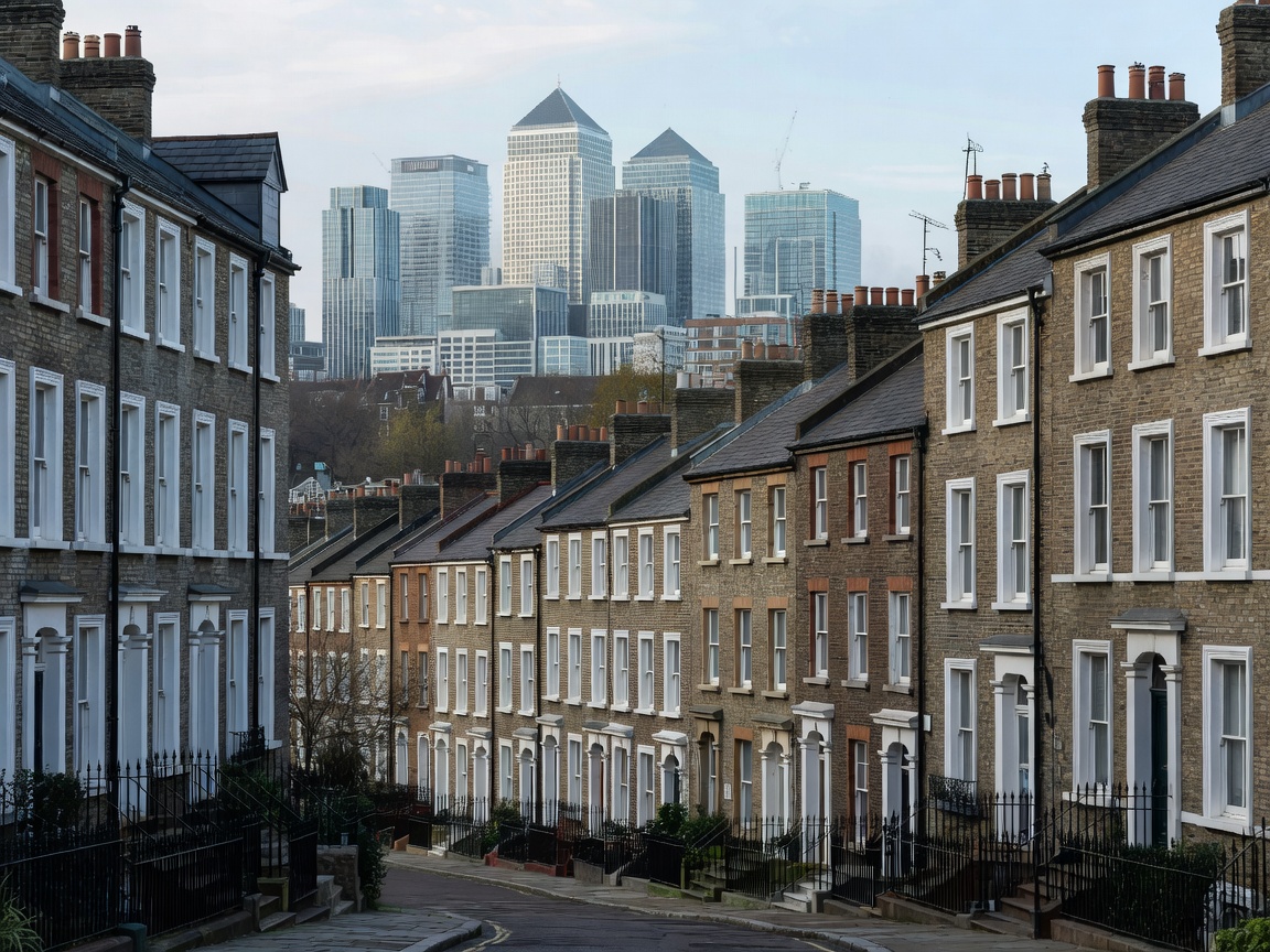 London residential row houses and Canary Wharf skyline