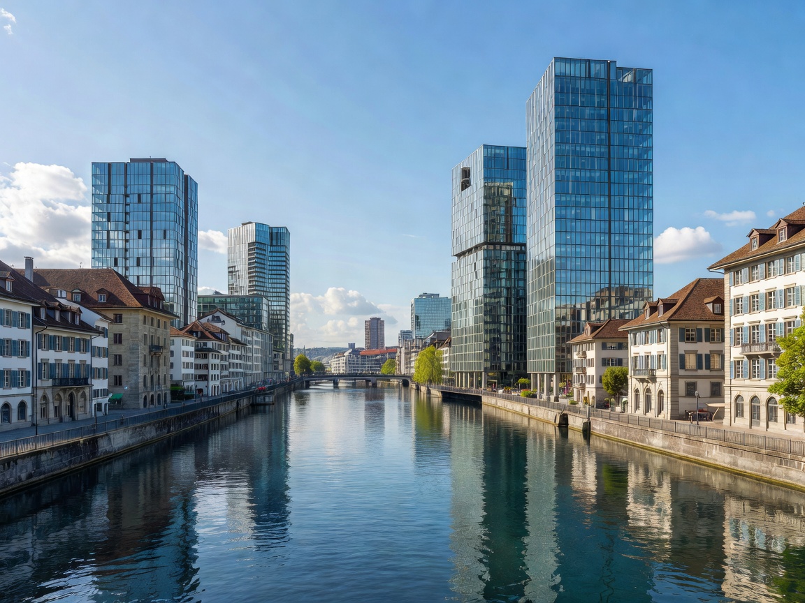Zurich city skyline, river Limmat and historic buildings